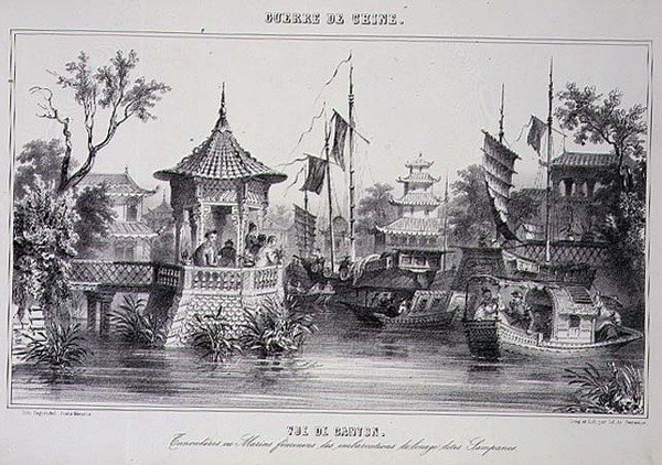 Vista de Cantão, mostrando marinheiros em suas sampanas, de "A Guerra na China". de G.C. de Fortavion