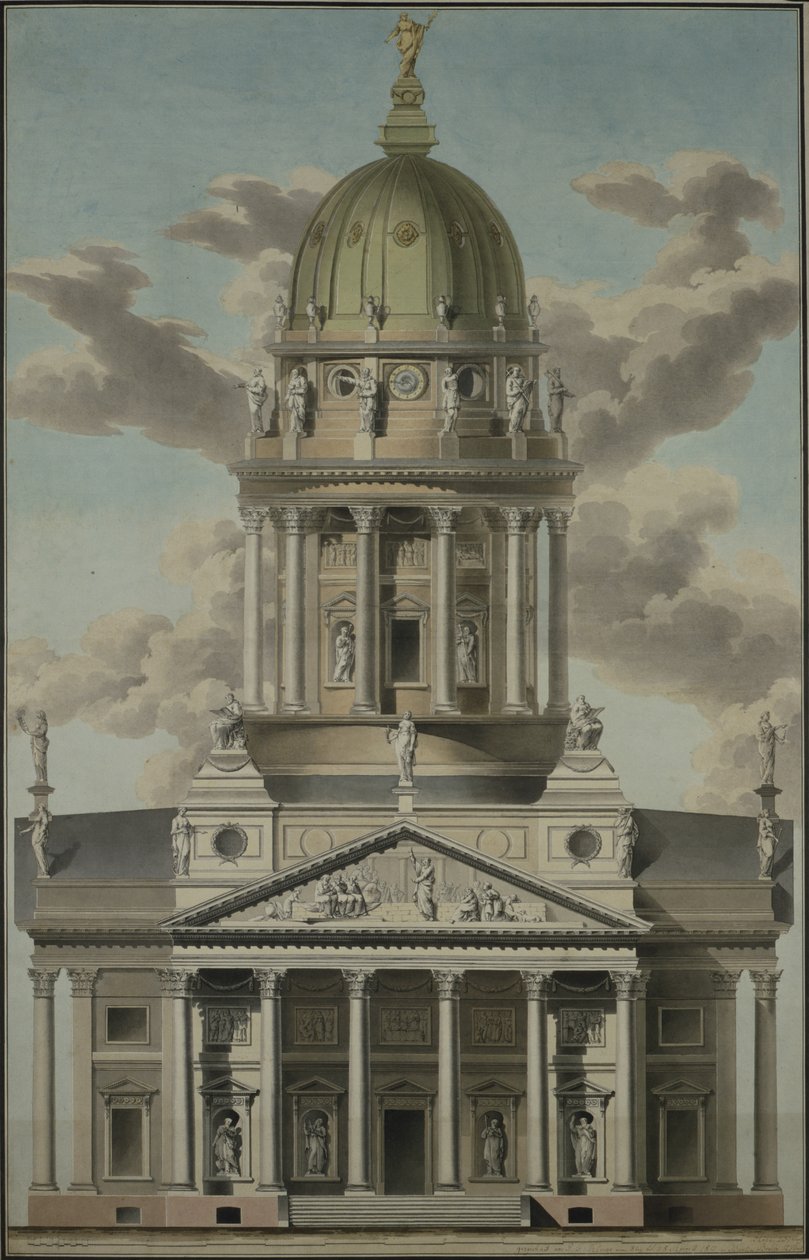 A catedral alemã no Gendarmenmarkt, 1812 (caneta e tinta e wc no papel) de G.F. Kluge