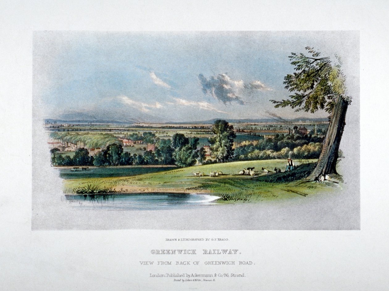 Vista da London and Greenwich Railway da parte de trás da Greenwich Road, 1836 de GF Bragg