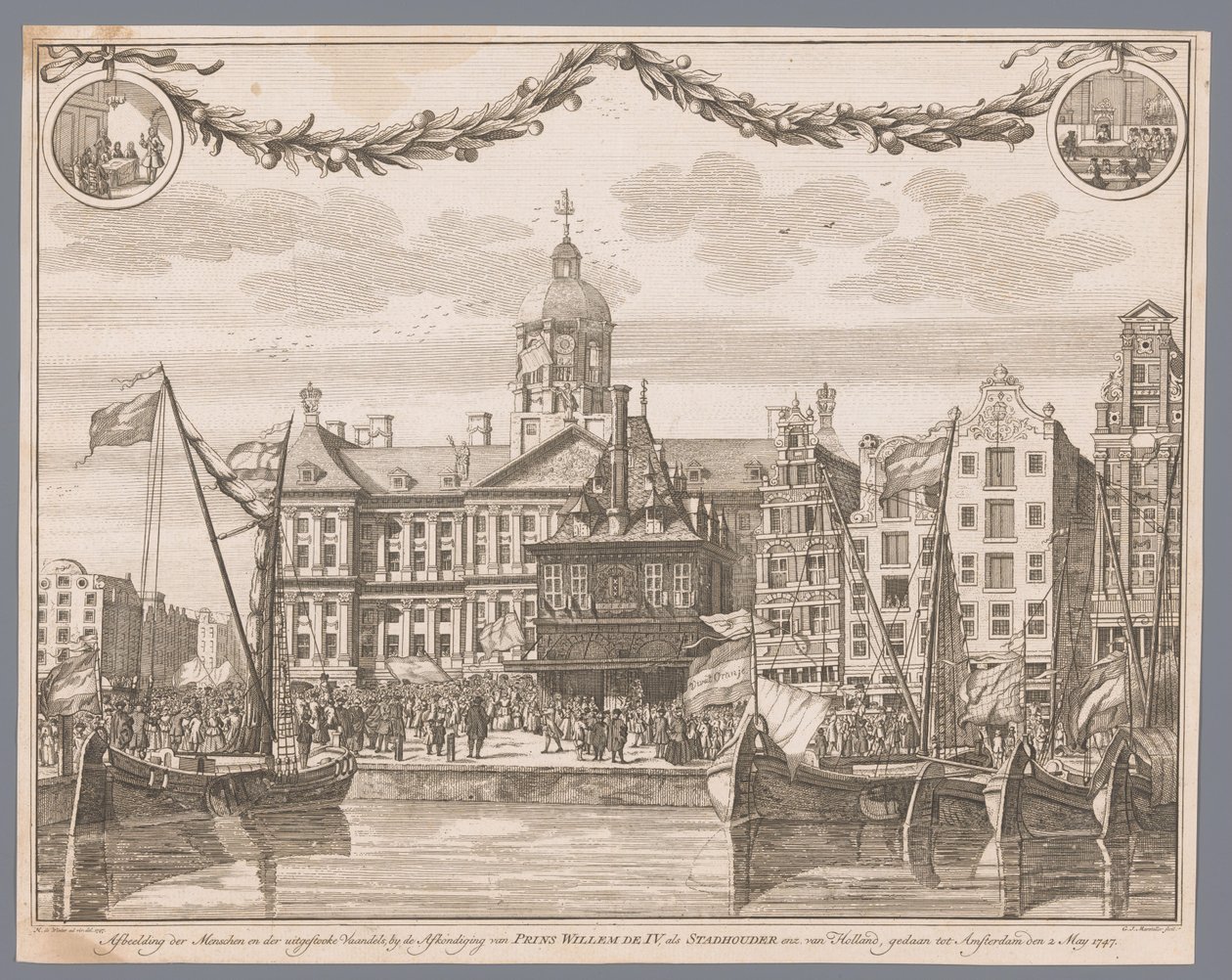 Multidão na Praça Dam em Amsterdã celebra a proclamação de Willem IV como stadtholder Representação do povo e das bandeiras disparadas na proclamação do príncipe William IV como stadtholder etc. da Holanda, feito até Amsterdã em 2 de maio de 1747 (título e de G.J. Marstaller