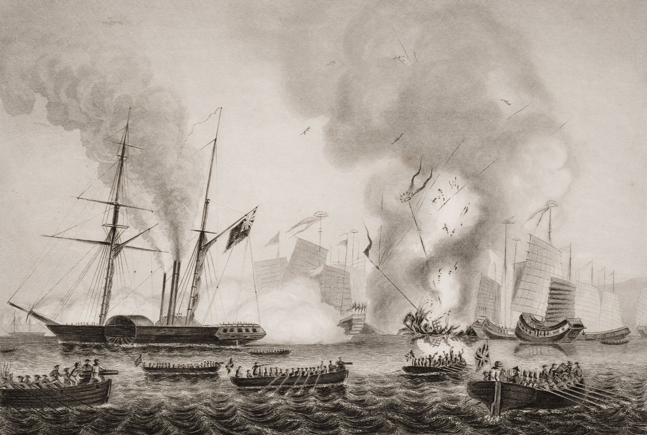 O HON. Nemesis navio da Companhia das Índias Orientais e os barcos de O Sulpher, Calliope, Larne e Starling destruindo os juncos de guerra chineses em Anson&39;s Bay. 7 de janeiro de 1841, ilustração de &39;Inglaterra B de G.W. Terry