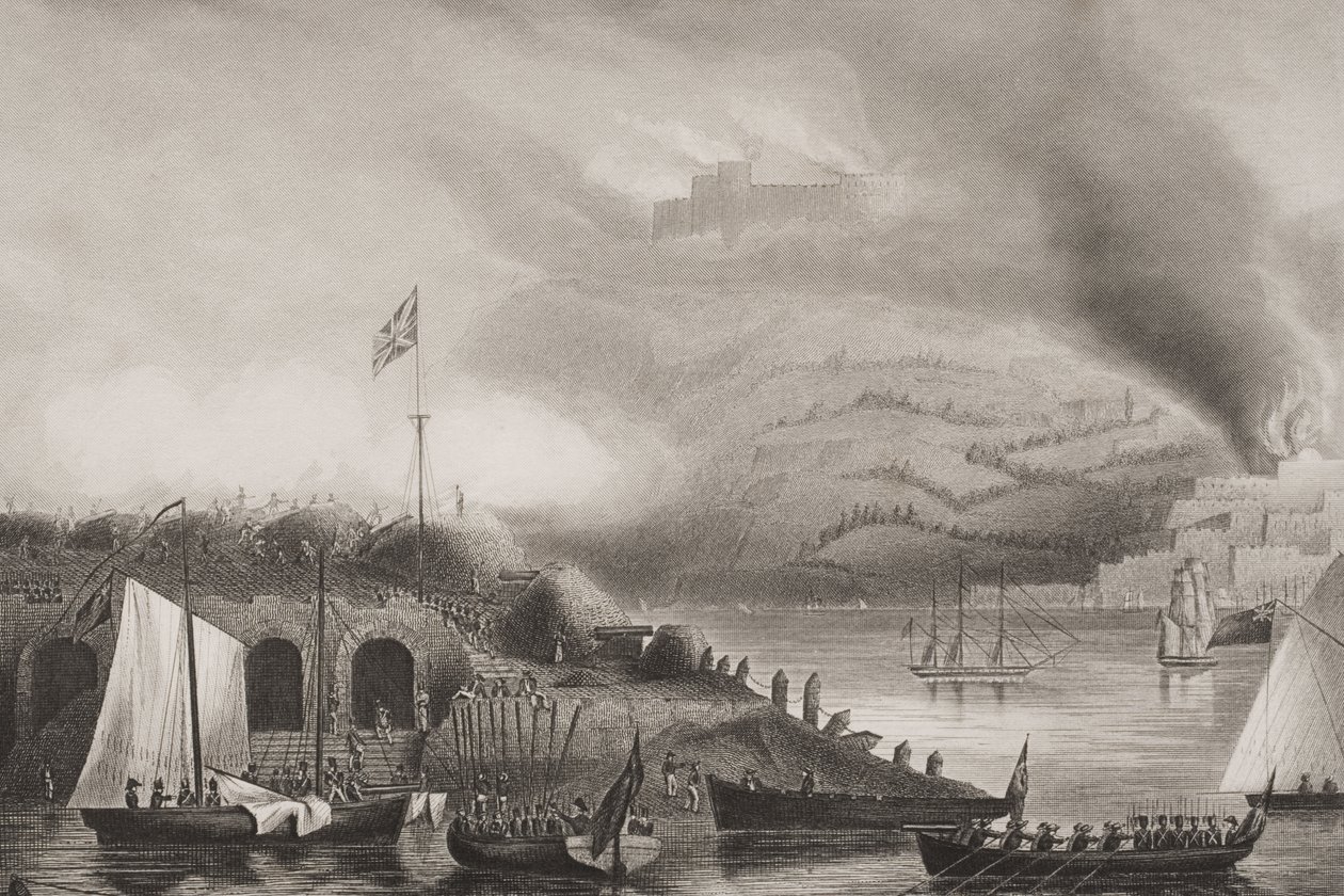 O assalto de San Sebastian, 31 de agosto de 1813, ilustração de "Batalhas da Inglaterra por mar e terra" por Tenente. Coronel Williams (gravura) de G.W. Terry
