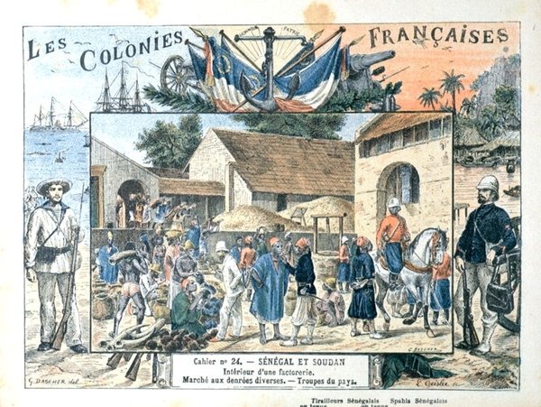 Capa de livro escolar retratando cenas das colônias francesas do Senegal e Sudão, final do século XIX (cor litho) de G. (after) Dascher