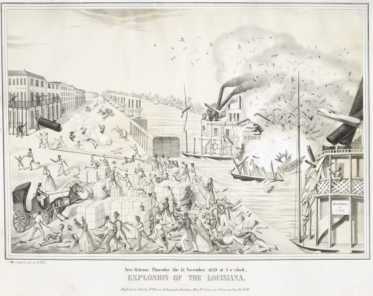 Nova Orleans Quinta-feira, 15 de novembro de 1849 às 5 horas, Explosão da Louisiana, c. 1849 (cromolitografia) de G. (after) Tolti