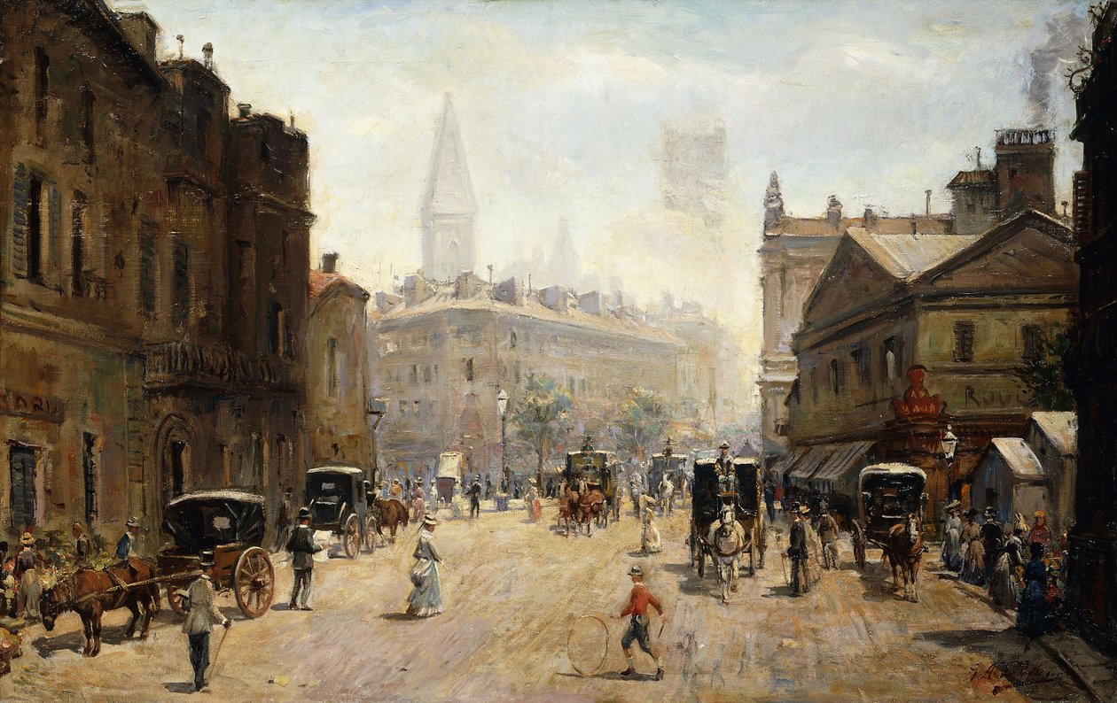 Uma cena de rua movimentada (óleo sobre tela) de G. A. Dufaug