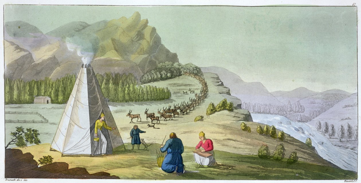 Pastoreio de renas, Lapônia, placa 47 de &39;Le Costume Ancien et Moderne&39; por Jules Ferrario, gravado por Angelo Biasioli (1790-1830) publicado c.1820s-30s de G. Bramati