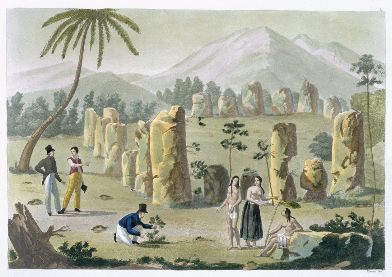&39;House of the Ancients&39;, Ilha de Tinian, quadro 31 de &39;Le Costume Ancien et Moderne&39;, de Jules Ferrario, publicado em c.1820s-30s (ver também 206893) de G. Bramati