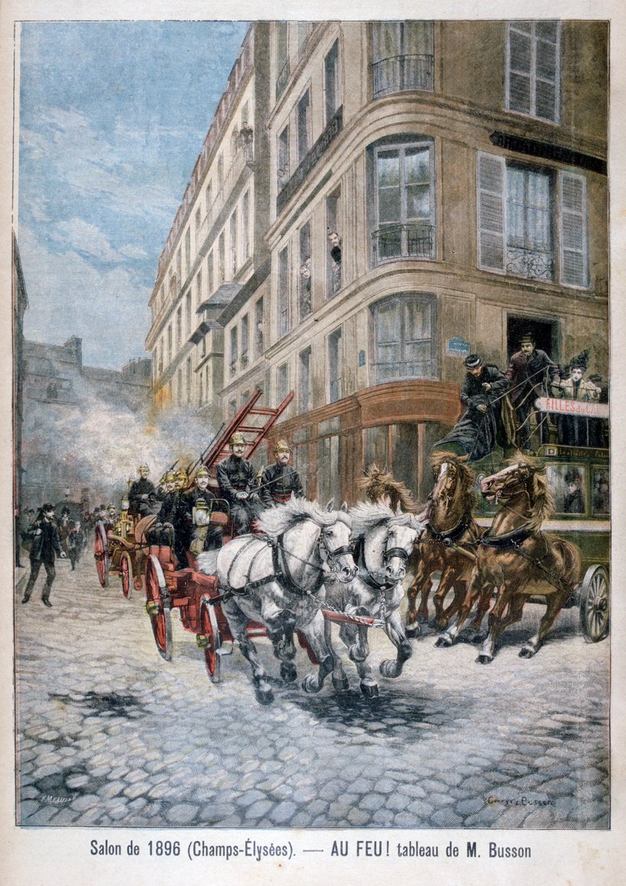 Carro de bombeiros a caminho de um incêndio, Paris, 1896 de G. Busson
