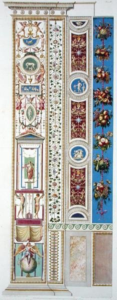 Painel do Raphael Loggia no Vaticano, de "Delle Loggie di Rafaele nel Vaticano", gravado por Giovanni Ottaviani (c.1735-1808), publicado c.1772-77 (gravação a cores) de G. and Camporesi P. Savorelli