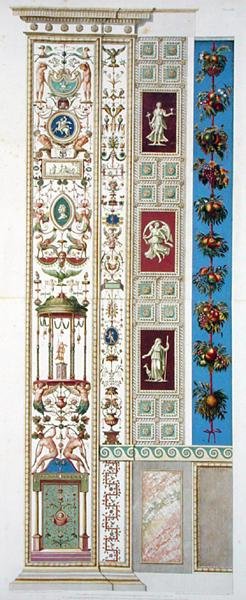 Painel do Raphael Loggia no Vaticano, de "Delle Loggie di Rafaele nel Vaticano", gravado por Giovanni Ottaviani (c.1735-1808), publicado c.1772-77 (gravação a cores) de G. and Camporesi P. Savorelli