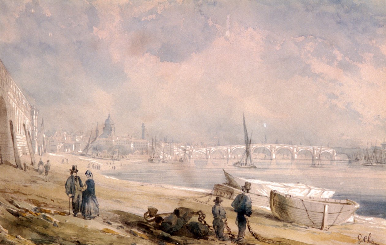 O Tamisa na maré baixa e Blackfriars Bridge, Londres, 1847 de G Chaumont