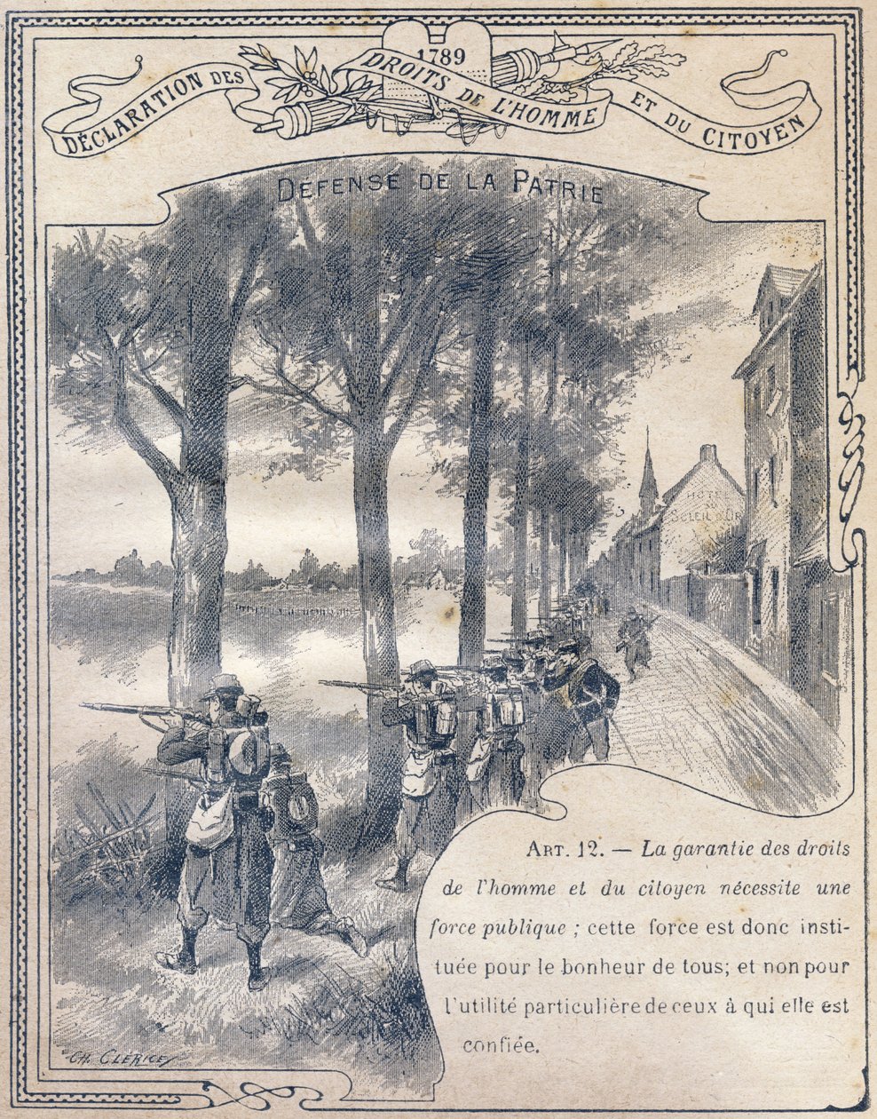 1789: Declaração dos direitos do homem e do cidadão : Defense de la patrie . Gravura em "Le livre unique de morale et d