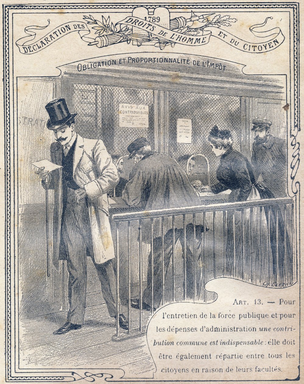 1789 : Declaração dos direitos do homem e do cidadão : Obrigação e proporcionalidade do imposto. Gravura em "Le livre unique de moral et d