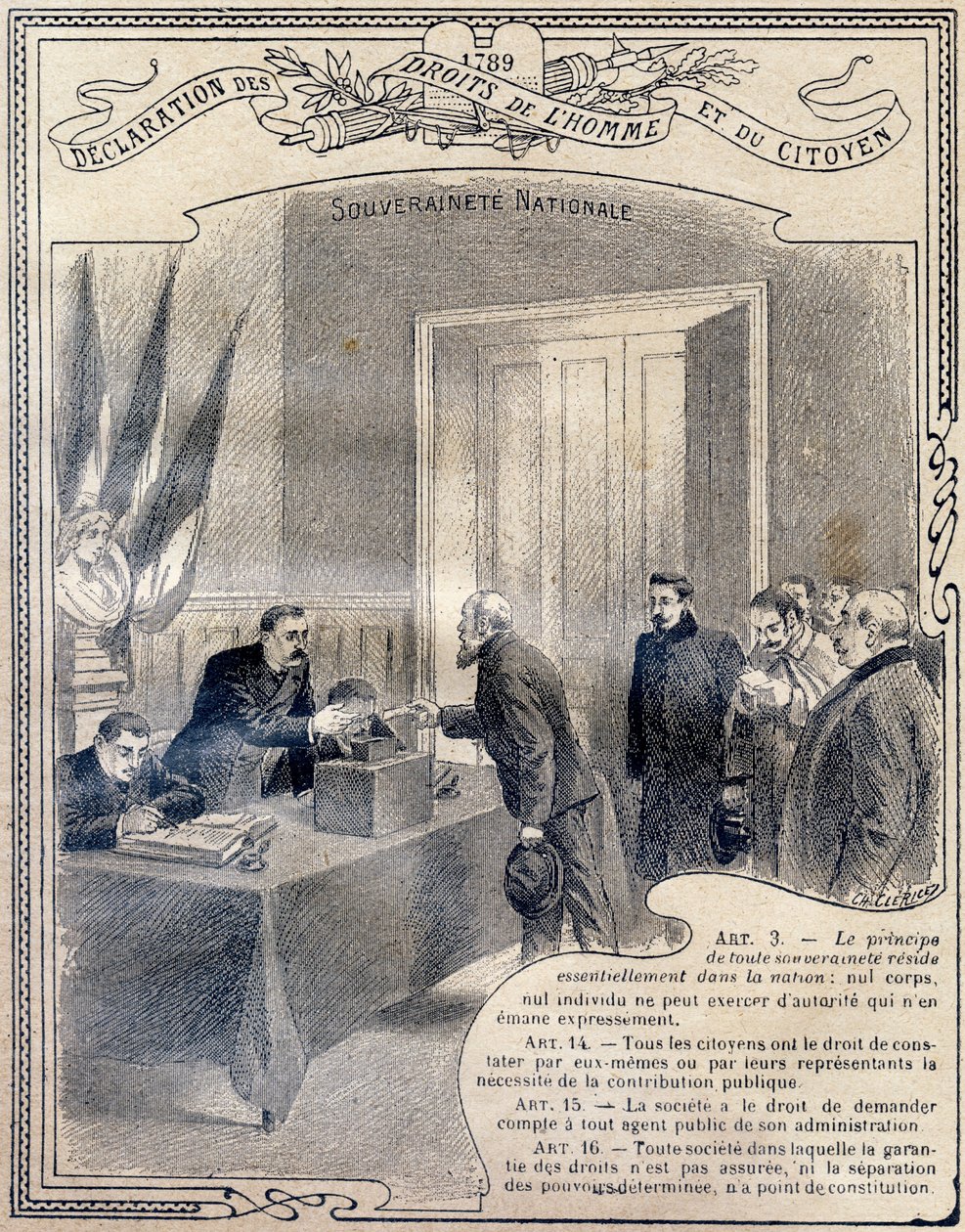 1789 : Declaração dos direitos do homem e do cidadão : Souverainete nationale . Gravura em "Le livre unique de morale et d