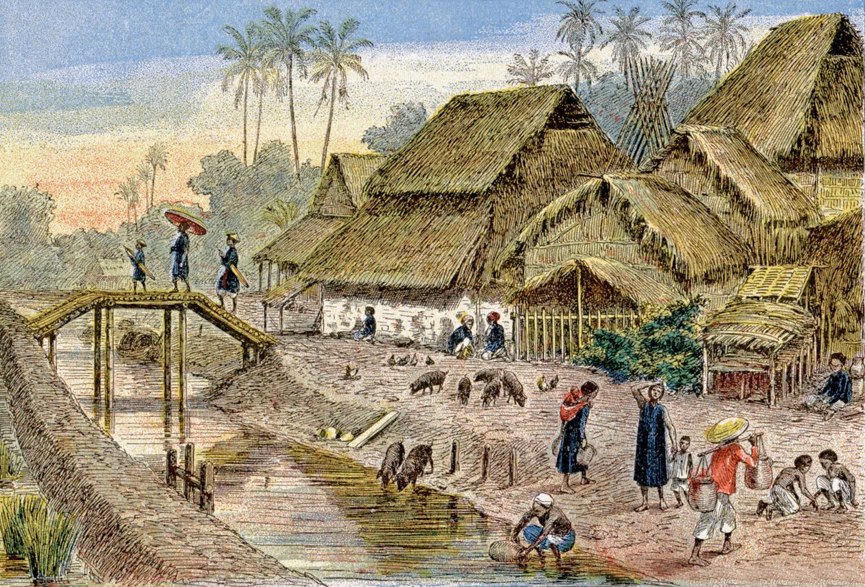Uma aldeia anamense, Indochina Francesa, c.1900 (ilustração) de G. Dascher
