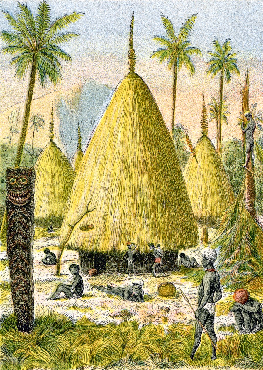 Aldeia de Canaque na Nova Caledónia, c.1900-1910 (ilustração) de G. Dascher