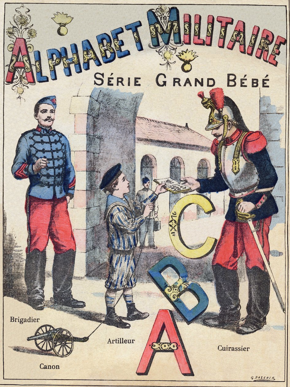 Capa de "Alfabeto Militar" , série Grand-Bebe. Gravura. Imagem Pont-a-Mousson. Louis Vagne, impressora-editor, cerca de 1900. Ilustrações de G. Dascher. 20 páginas. Dimensões: 31,5x24,5cm. de G. Dascher