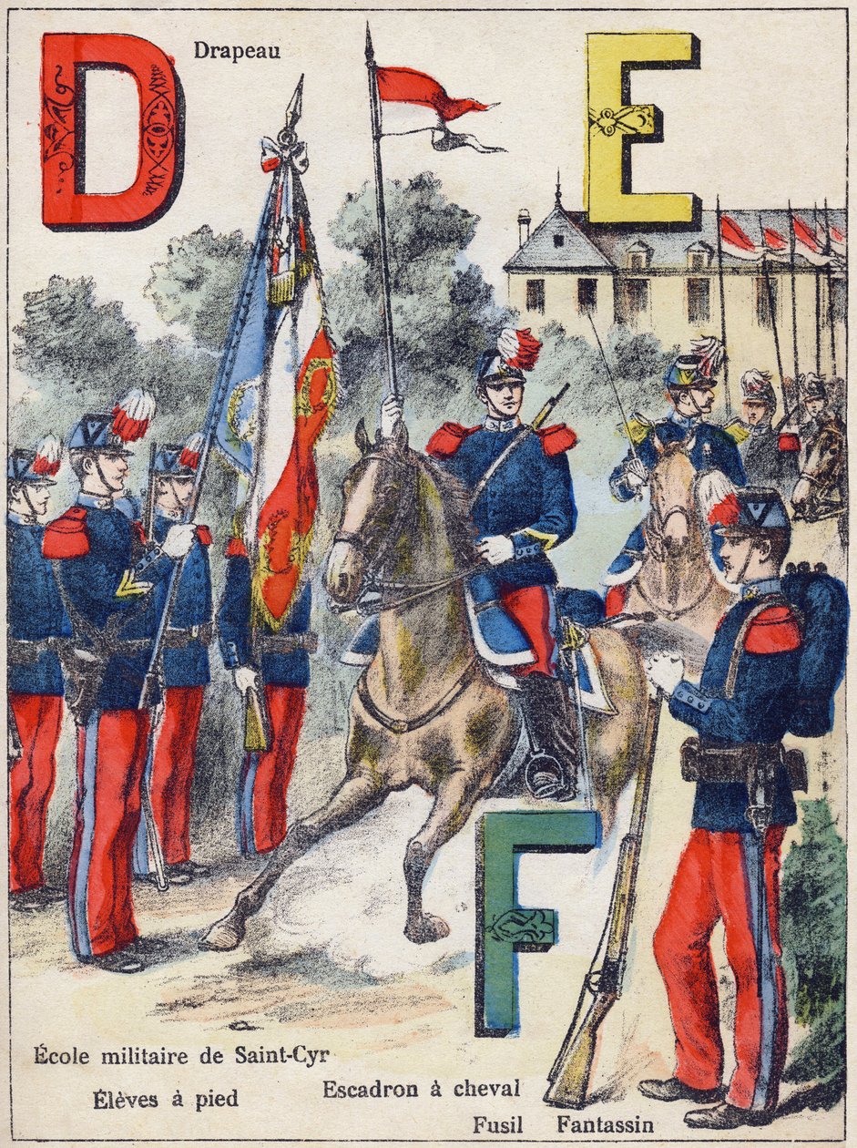 Cartas D E F: Bandeira, Escola Militar de Saint-Cyr (Saint Cyr), Eleves on foot, Esquadrão de Cavalos, Rifle e Fantassin, c.1900 (litografia) de G. Dascher