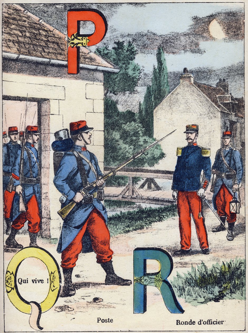Cartas P Q e R: Post, Qui vive! e Ronda dos Oficiais. Gravura em "Alphabet militaire" , série Grand-Bebe. Gravura. Imagem de Pont-a-Mousson. Louis Vagne, impressora-editor, cerca de 1900. Ilustrações de G. Dascher. 20 páginas. Dimensões: 31,5x24,5cm. de G. Dascher