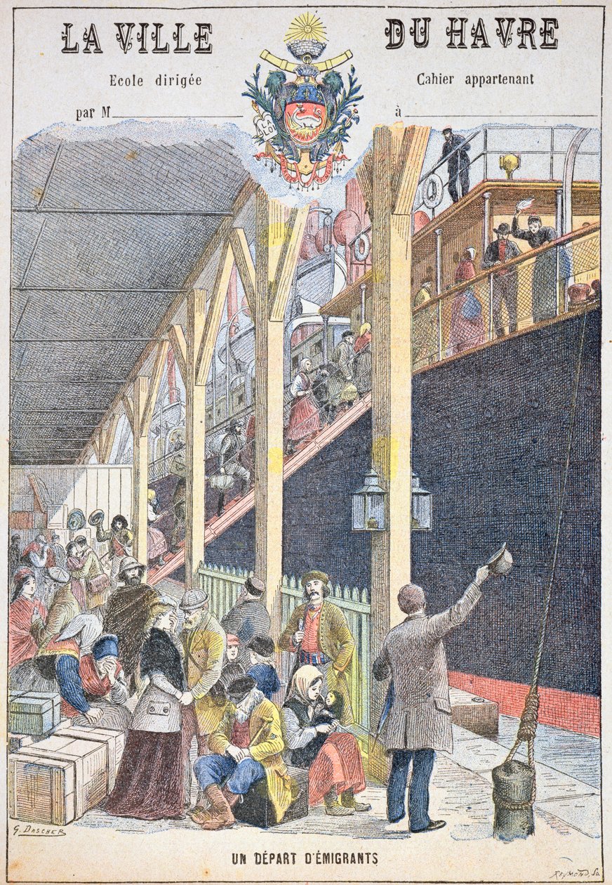 A partida dos emigrantes de Le Havre, capa de um livro escolar de G. Dascher