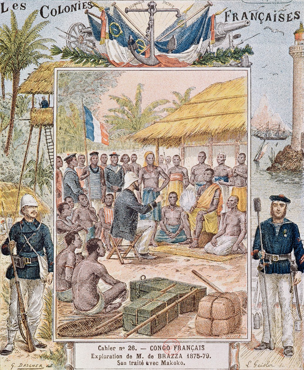 A exploração de M. de Brazza (1875-79) Seu Tratado com Makoko, ilustração de &39;Les Colonies Francaises&39; de G. Dascher