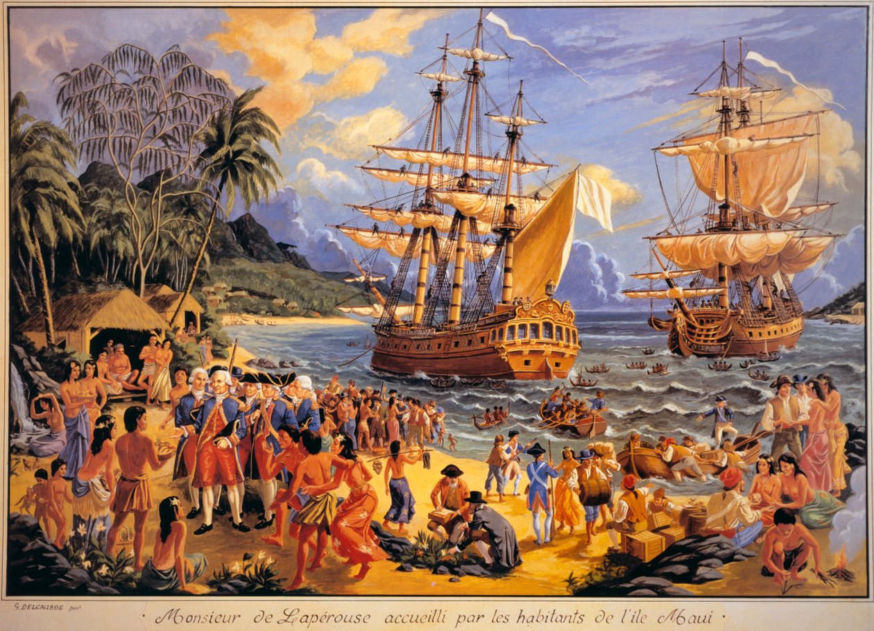 Jean Francois Galaup de Laperouse recebido pelos habitantes da Ilha Mawee nas Ilhas Sandwich no Oceano Pacífico (lito a cores) de G. Delcausse