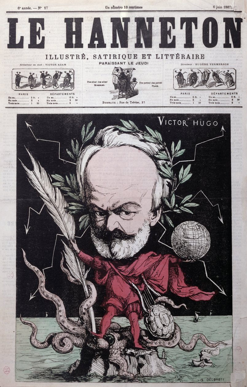 Caricatura de Victor Hugo (1802-85) como Zeus no exílio em Guernsey da capa de Le Hanneton, junho de 1867 de G. Deloyoti