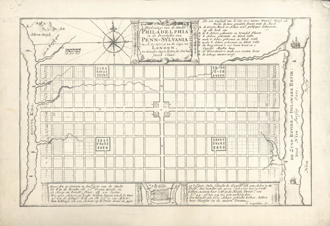 O primeiro plano para a Filadélfia, elaborado por William Penn e Thomas Holme em 1682, 1684 de G. Drogenham