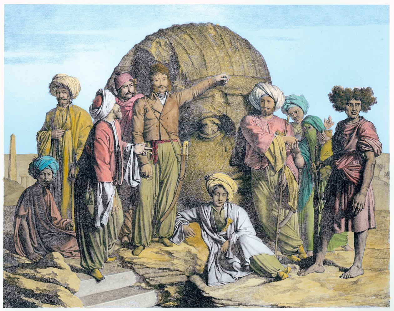 Arqueólogo Bernardino Drovetti medindo uma cabeça colossal no deserto egípcio, 1819 de G Engelmann