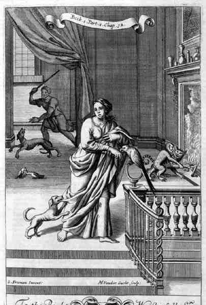 Um Interior com Mulher e Animais, ilustração do Livro 1 Parte 8 Capítulo 12 de "Os Princípios da Filosofia" de Anthony Le Grand, gravado por Michiel van der Gucht (1660-1725) de G Freman