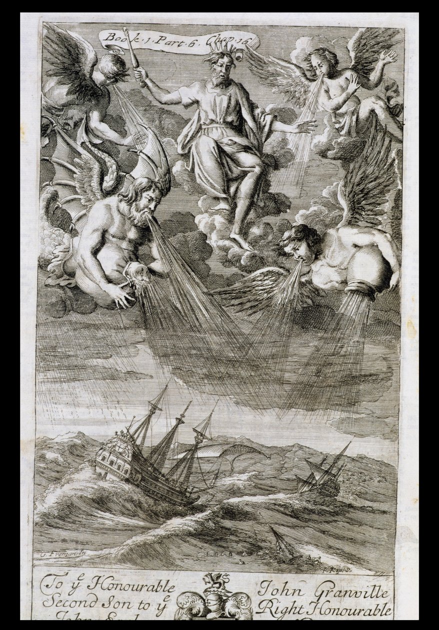 Júpiter lança uma tempestade sobre o oceano, ilustração do livro 1 parte 6 Capítulo 16 de &39;os princípios da filosofia&39; por Anthony Le Grand, gravado por Johannes Kip (16523-1722), 1694 de G Freman