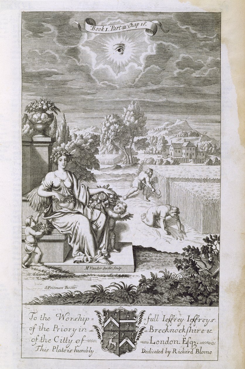 O Olho de Deus Observa a Colheita, ilustração do Livro 1, Parte 2, Capítulo 16 de &39;Os Princípios da Filosofia&39;, de Anthony Le Grand, gravada por Michiel van der Gucht (1660-1725), 1694 de G Freman