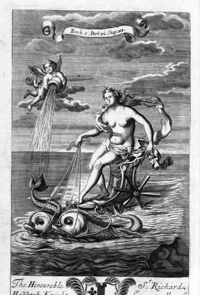 Vênus montando sua carruagem desenhada por golfinhos, ilustração do Livro 1 Parte 6 Capítulo 11 de "Os Princípios da Filosofia" de Anthony Le Grand, gravado por Michiel van der Gucht (1660-1725) de G Freman