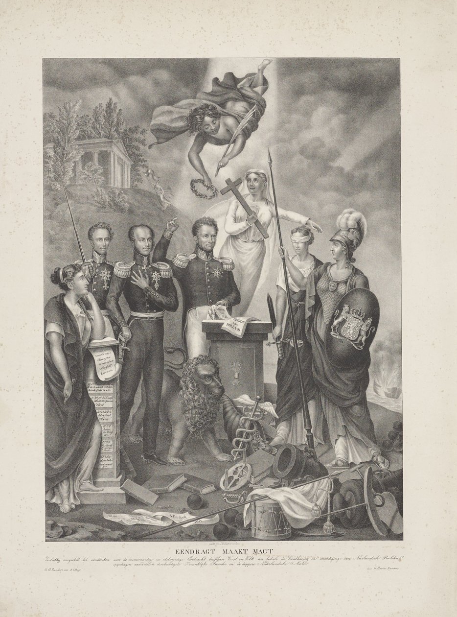 Alegoria da Aliança entre Príncipe e Povo, 1832 Eendragt faz com que Magt / Zinnebeeldig seja apresentado em memória do glorioso e generoso Eendracht entre Príncipe e Povo com o propósito de manter e defender os Direitos Holandeses (título o de G. Havius Zanders