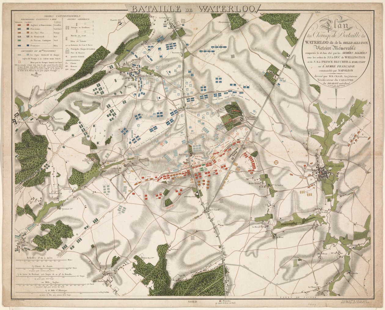 Kaart van de Slag bij Waterloo, 1815
Batalha de Waterloo / Plano do Campo de Batalha de Waterloo conhecido como a Belle-Alliance. Vitória memorável obtida em 18 de Junho de 1815 pelos Exércitos Aliados (...) (título sobre o objecto) de G. Jacowick