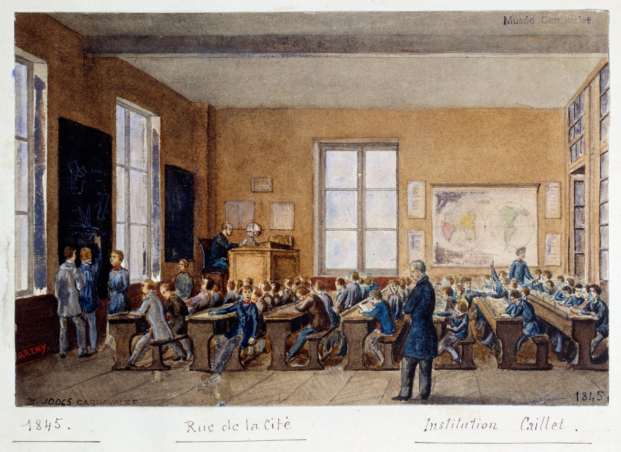 Uma sala de aula da Instituição Caillet, rue de la Cite, Paris, 1845. Aquarela de G. Remy de G. Remy