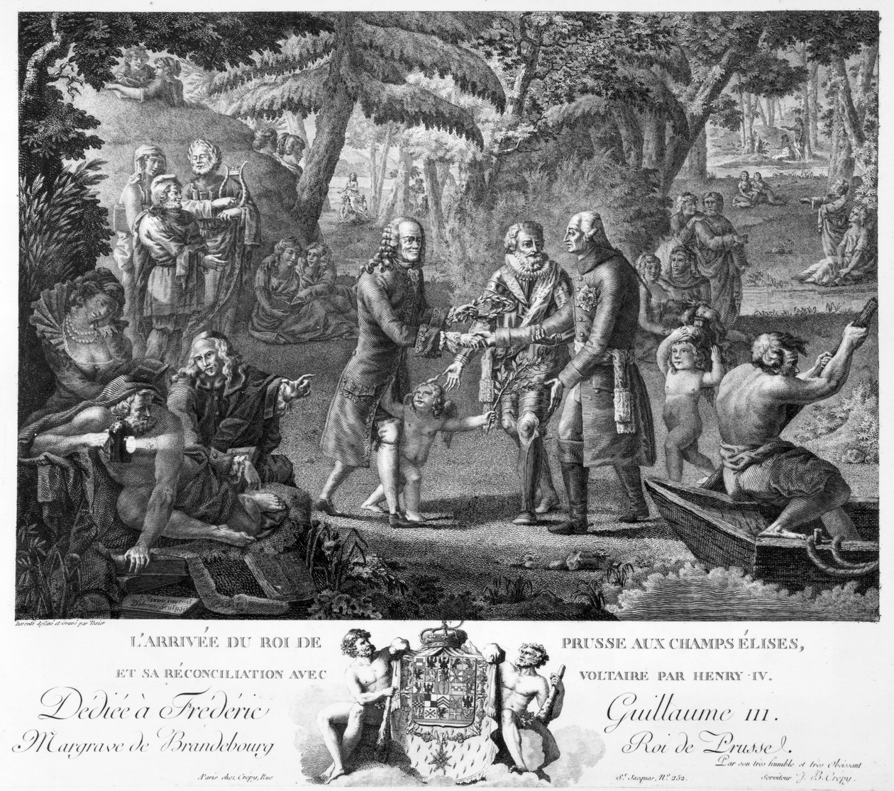Henri IV (1553-1610) reconciliando Frederico Guilherme II (1744-97) e Voltaire (1694-1778) nos Campos Elísios, 2ª metade do século XVIII de G. Texier