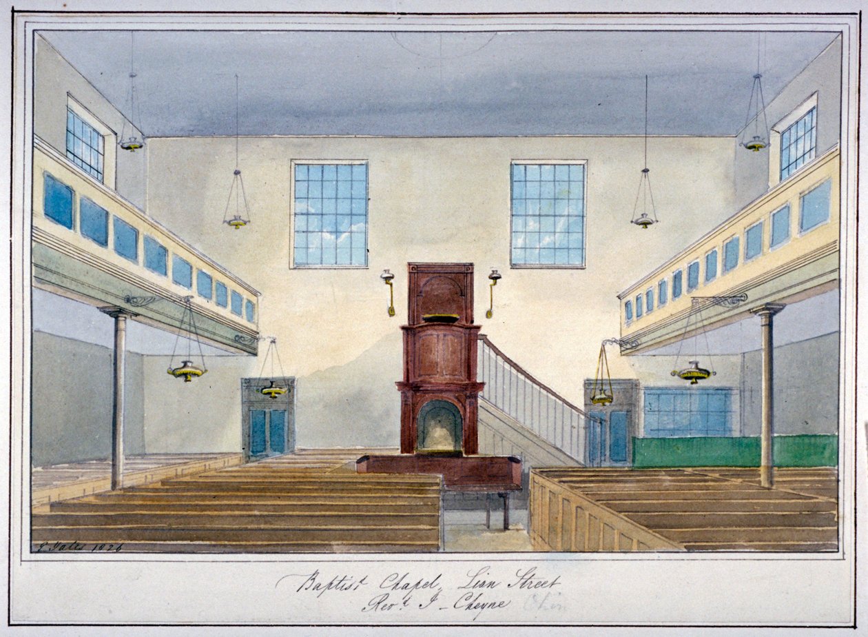 Vista interior da Lion Street Baptist Chapel, na New Kent Road, Southwark, Londres, 1826 de G Yates