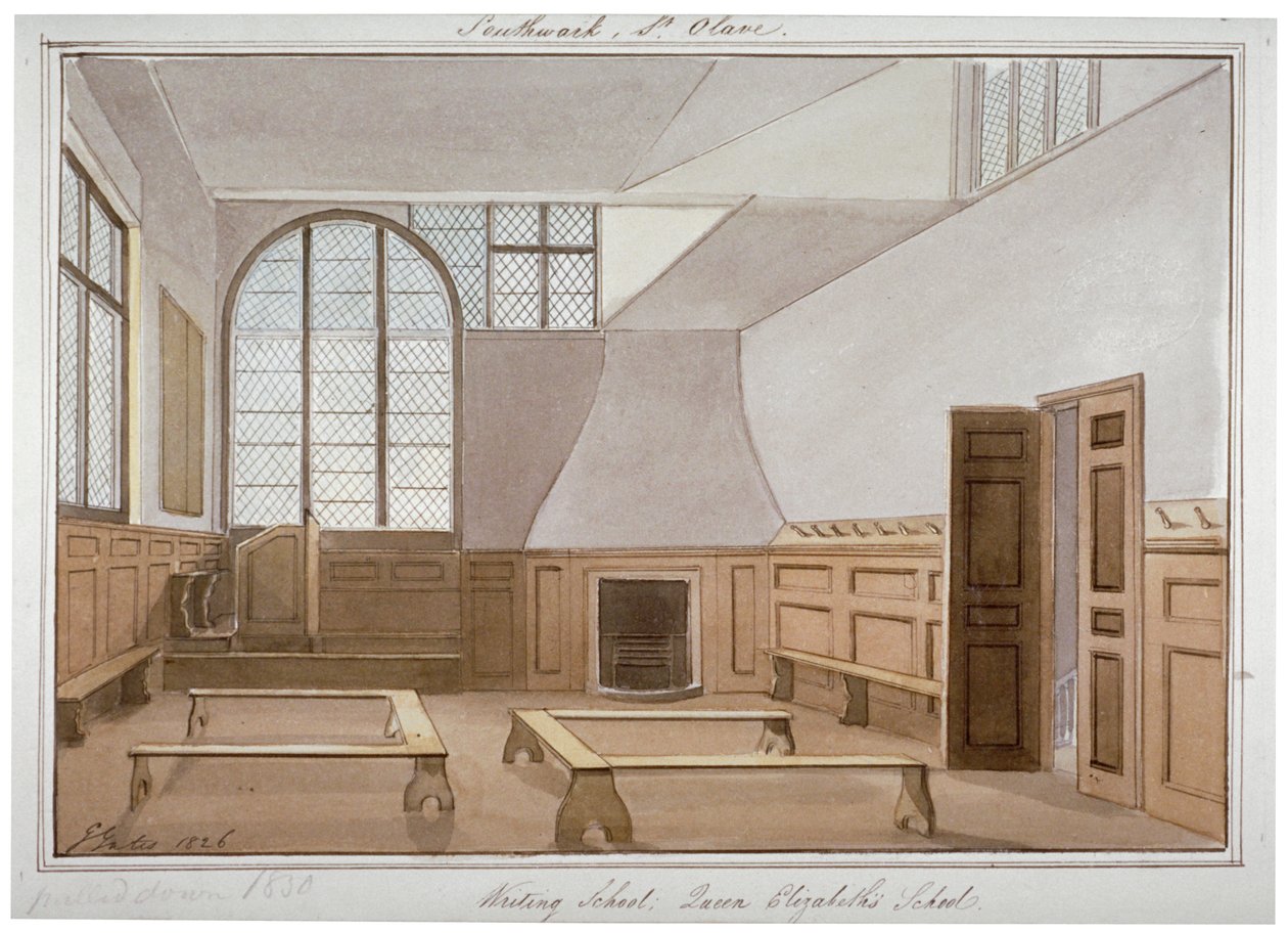 Vista interior da Escola de St Olave em Tooley Street, Bermondsey, Londres, 1826. de G Yates