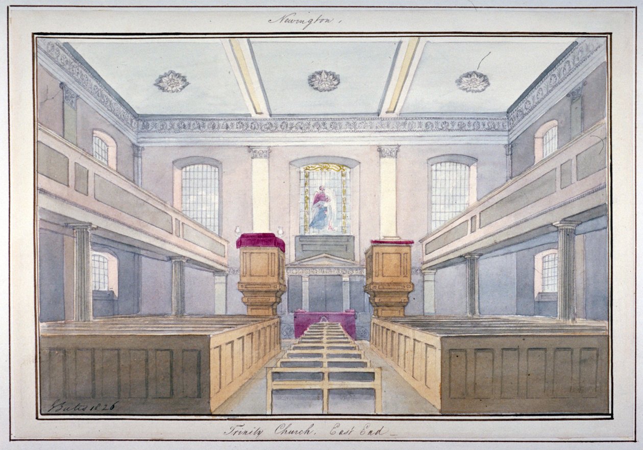 Vista interior da extremidade leste da Igreja da Santíssima Trindade, Newington, Southwark, Londres, 1826 de G Yates