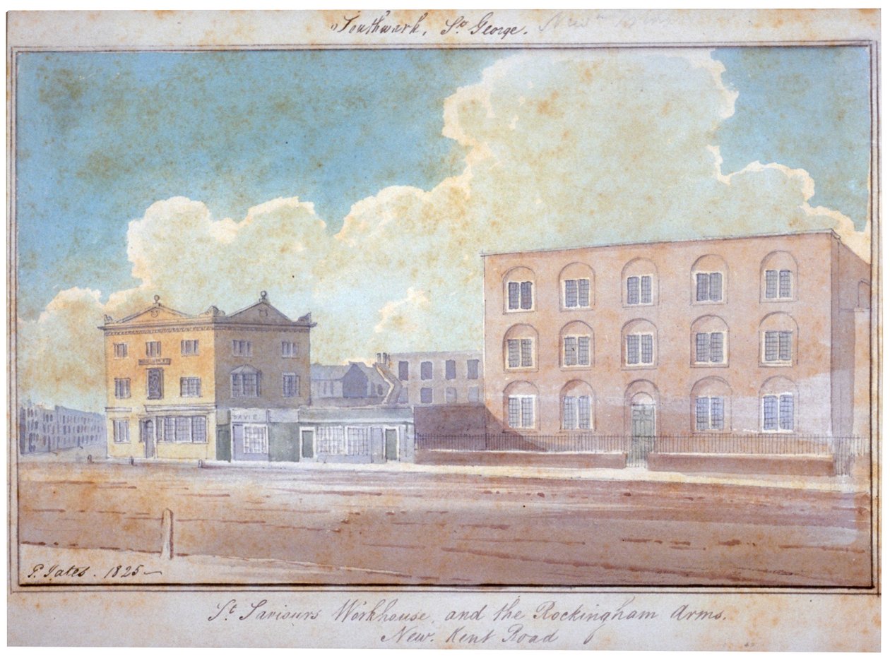 Asilo de São Salvador e o Rockingham Arms Inn, New Kent Road, Southwark, Londres, 1825 de G Yates