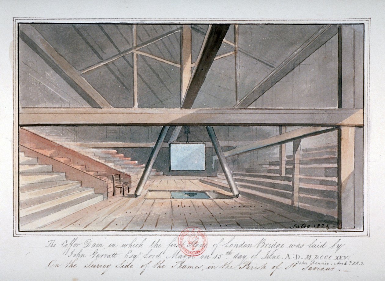 Vista da fundação da London Bridge, 1825 de G Yates