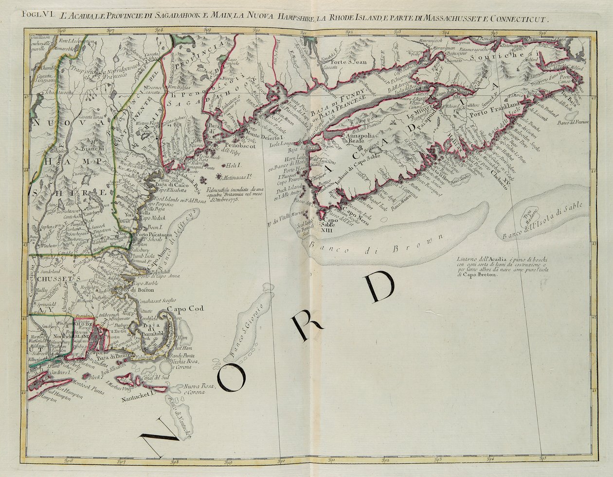 Acadia, as Províncias de Sagadahoc e Maine, New Hampshire, Rhode Island e parte de Massachusetts e Connecticut, gravura de G. Zuliani tirada de Tome I do "Newest Atlas" publicado em Veneza em 1778 por Antonio Zatta, Private Collection de G. Zuliani