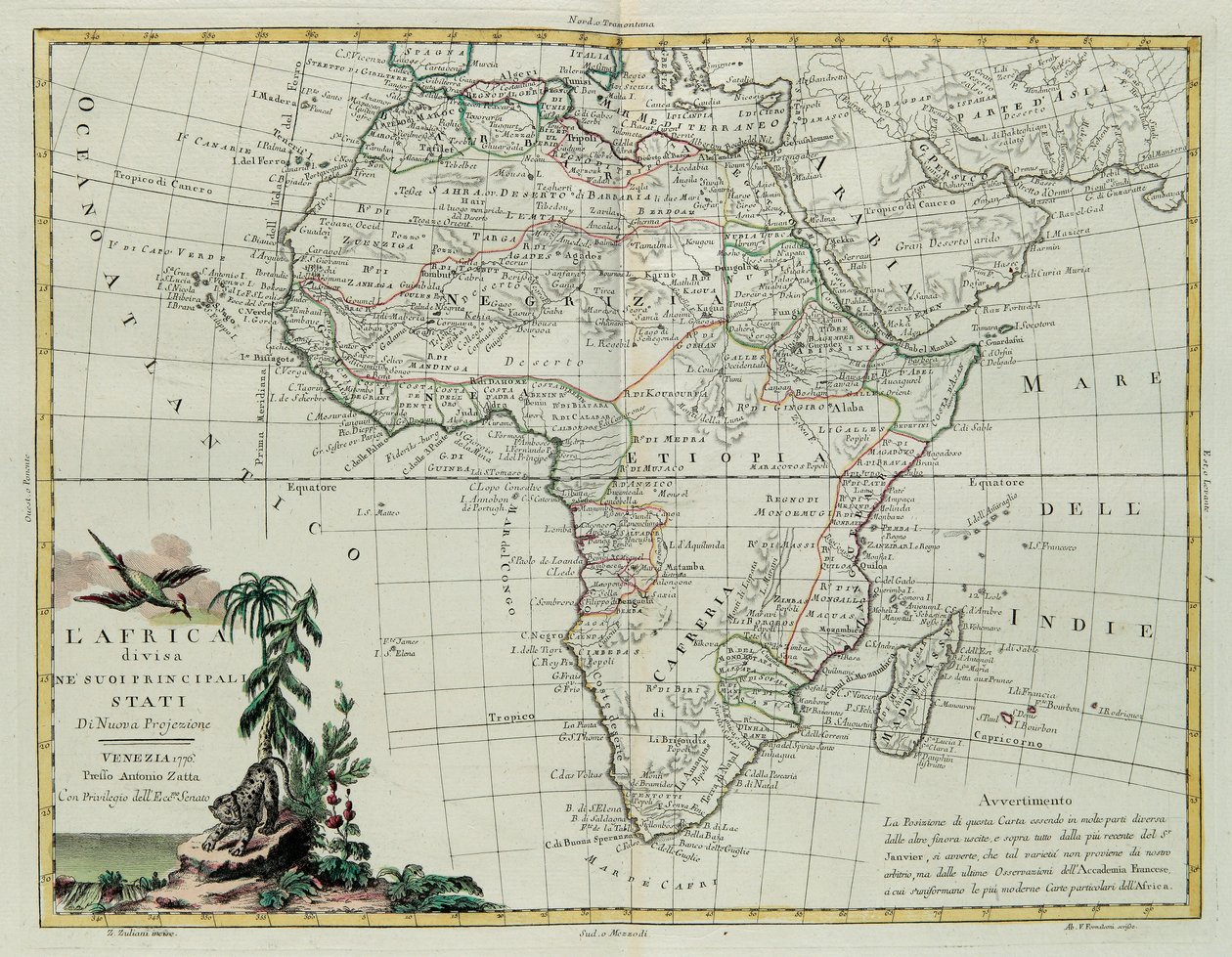 África dividida em seus principais estados, gravada por G. Zuliani, tirada de Tomé do Novo Atlas publicada em Veneza em 1776 por Antonio Zatta, Coleção Particular de G. Zuliani