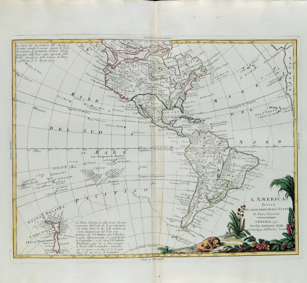 A América dividiu-se em seus principais estados, gravada por G. Zuliani tirada de Tomé do Novo Atlas publicada em Veneza em 1776 por Antonio Zatta, Coleção Particular de G. Zuliani