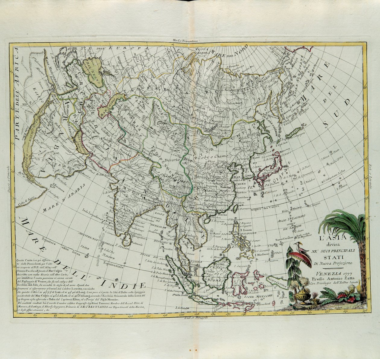 A Ásia dividiu-se em seus principais estados, gravada por G. Zuliani tirada de Tomé do Novo Atlas publicada em Veneza em 1777 por Antonio Zatta, Coleção Particular de G. Zuliani