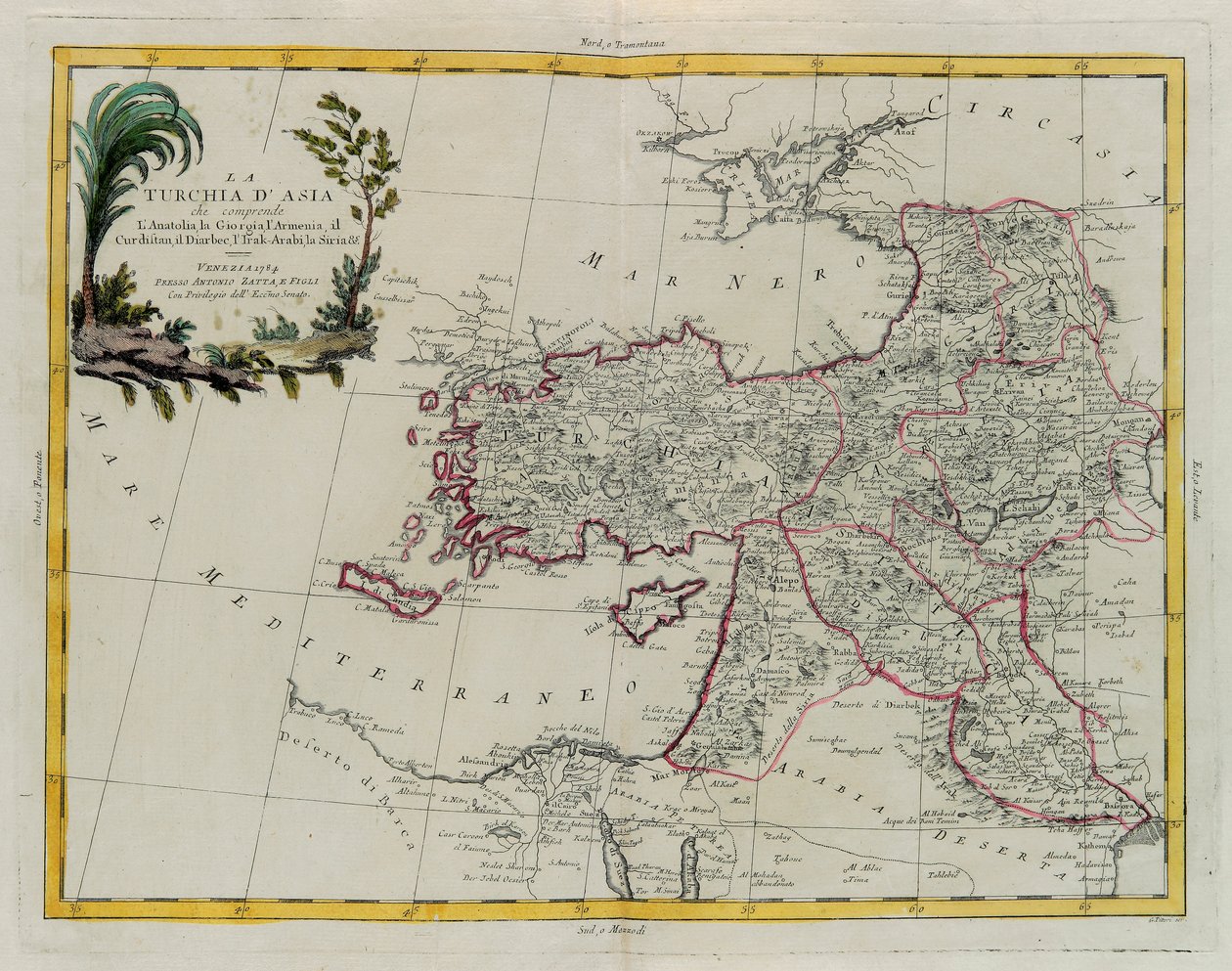 Turquia asiática, incluindo Antolia, Geórgia, Armênia, Curdistão, Diarbec, Irak-Arabi, Síria, gravura de G. Zuliani tirada de Tomé IV do "Mais Novo Atlas" publicado em Veneza em 1784 por Antonio Zatta, Coleção Particular de G. Zuliani