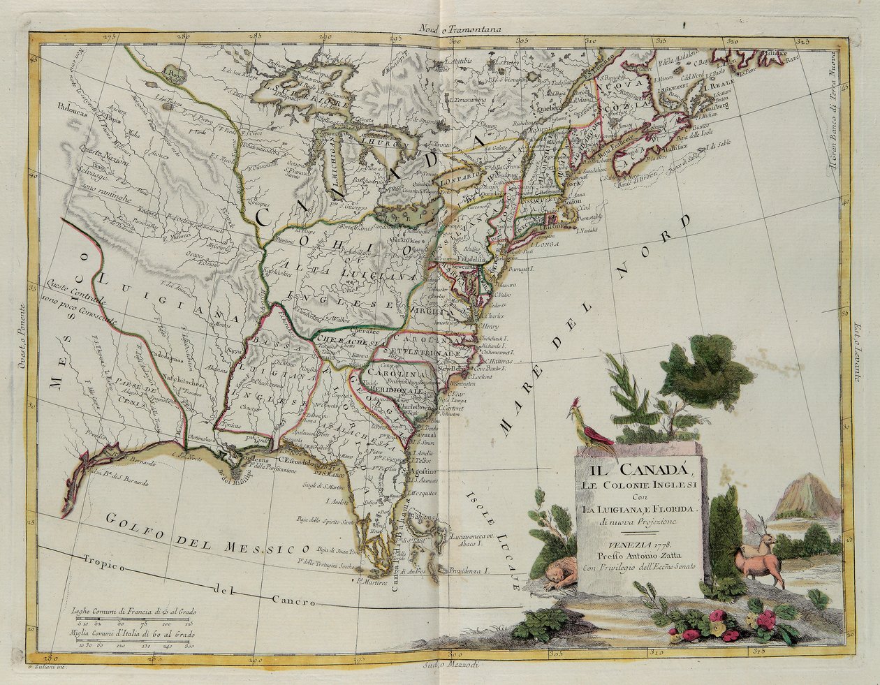 Canadá, as colônias inglesas com Louisiana e Flórida, gravadas por G. Zuliani, tiradas de Tomé I do Atlas mais novo, publicadas em Veneza em 1778 por Antonio Zatta, Coleção Particular de G. Zuliani