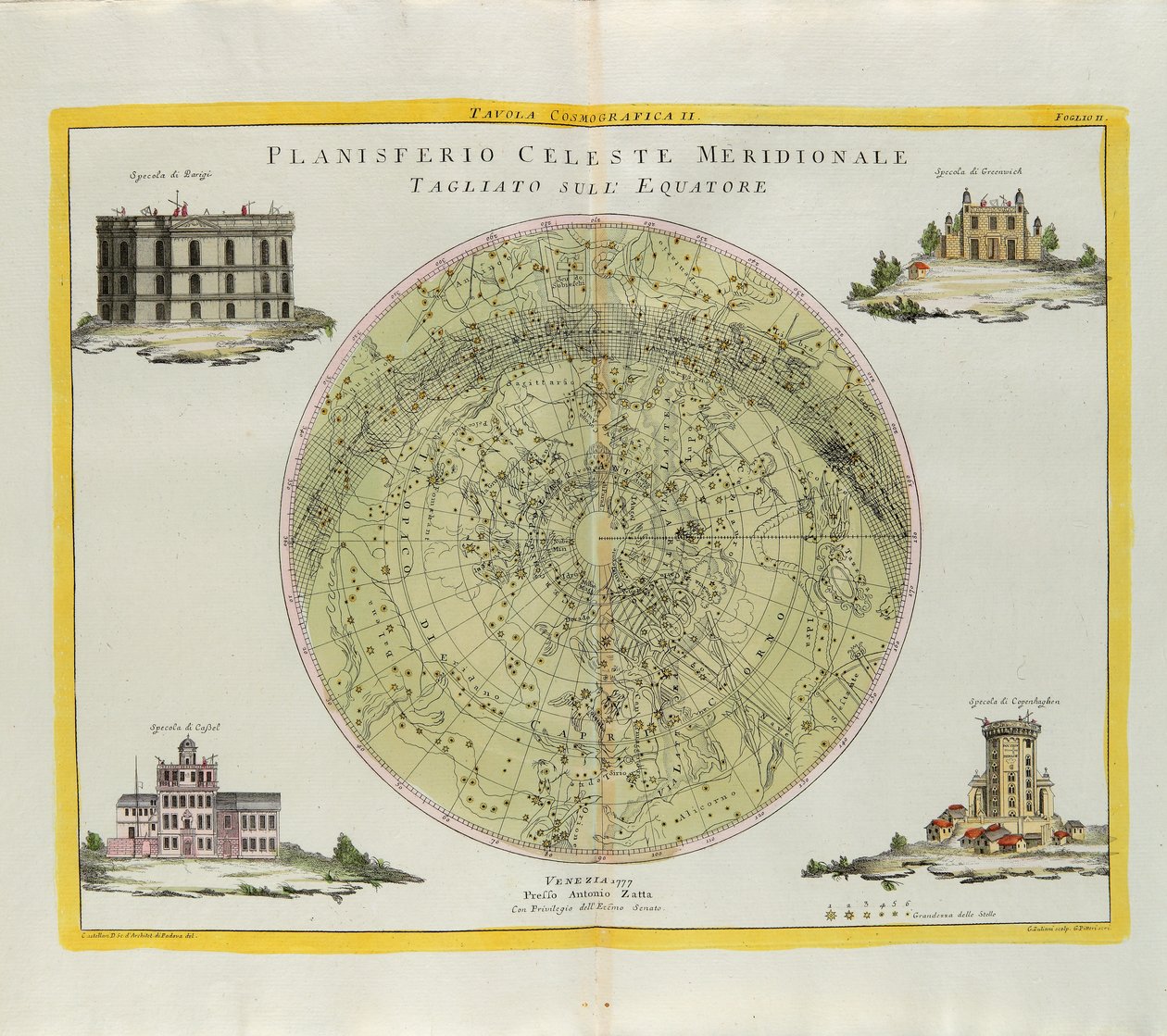 Placa cosmográfica do Planisfério Celeste do Sul cortada no equador, gravada por G. Zuliani tirada de Tomé I do Atlas mais Novo publicada em Veneza em 1777 por Antonio Zatta de G. Zuliani
