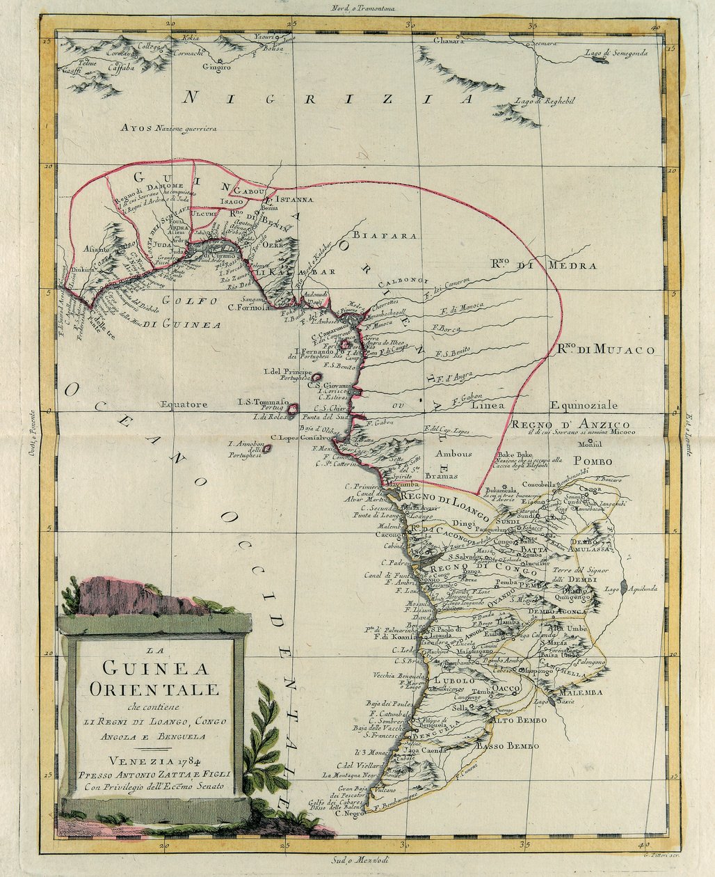 Guiné Oriental contendo os Reinos de Loango, Congo, Angola e Benguela, gravura de G. Zuliani tirada de Tome IV do "Atlas Mais Novo" publicado em Veneza em 1784 por Antonio Zatta, Coleção Particular de G. Zuliani
